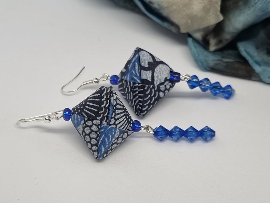 Origami earrings: Japanese Aizome Chiyogami paper and blue beads