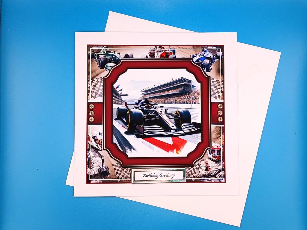 Male Birthday Card, Motor Racing, Decoupage, Handmade