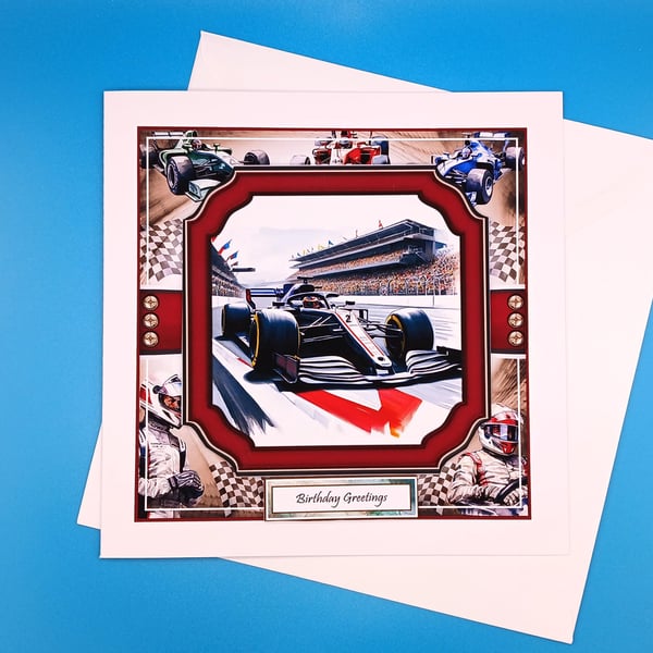Male Birthday Card, Motor Racing, Decoupage, Handmade