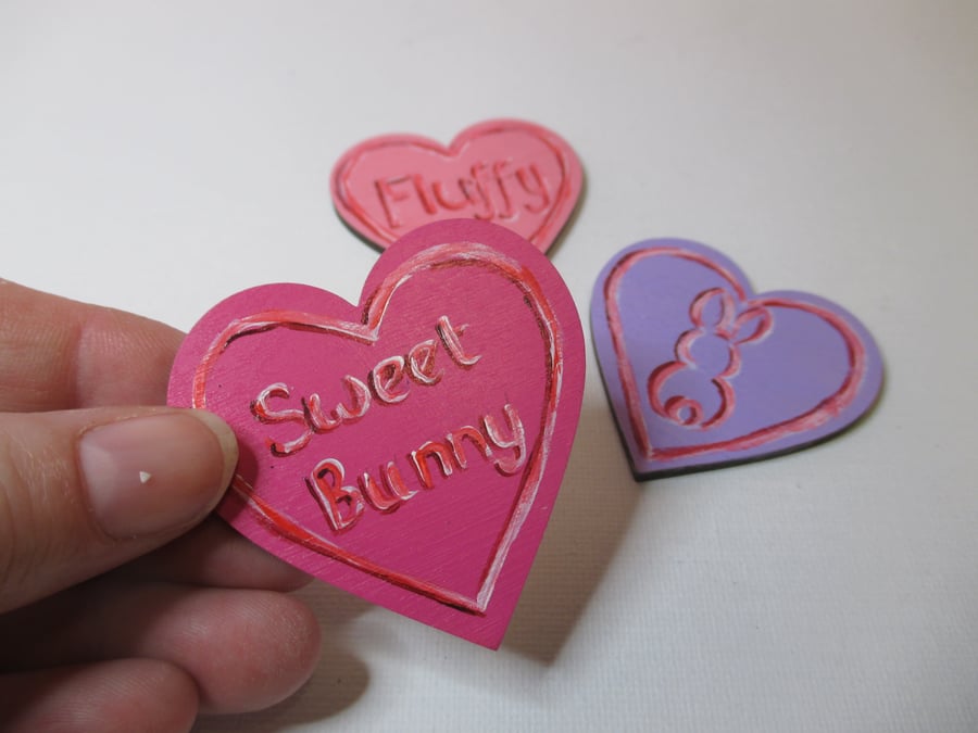 3x Fridge Magnet Bunny Rabbit Love Heart Hand Painted Wooden Decorations