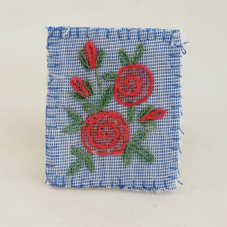 Red Rose Brooch - painted and stitched