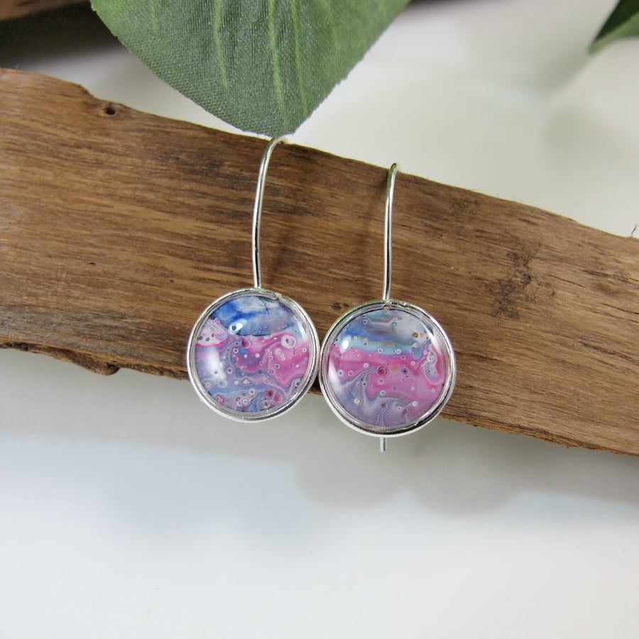 Earrings, Hand Painted Sterling Silver Pink and Blue Earrings