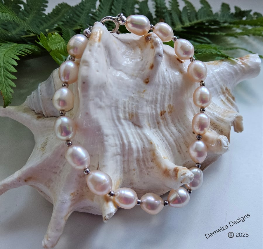Large Freshwater Cream Culture  Pearl Sterling Silver Bracelet