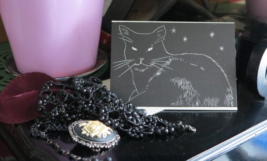 Black cat hand printed lino greetings card