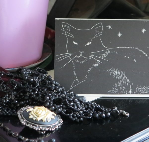 Black cat hand printed lino greetings card