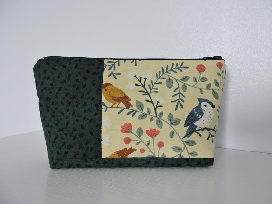 Make Up Bag  Zipped Pouch  Patchwork Dark Green and Yellow
