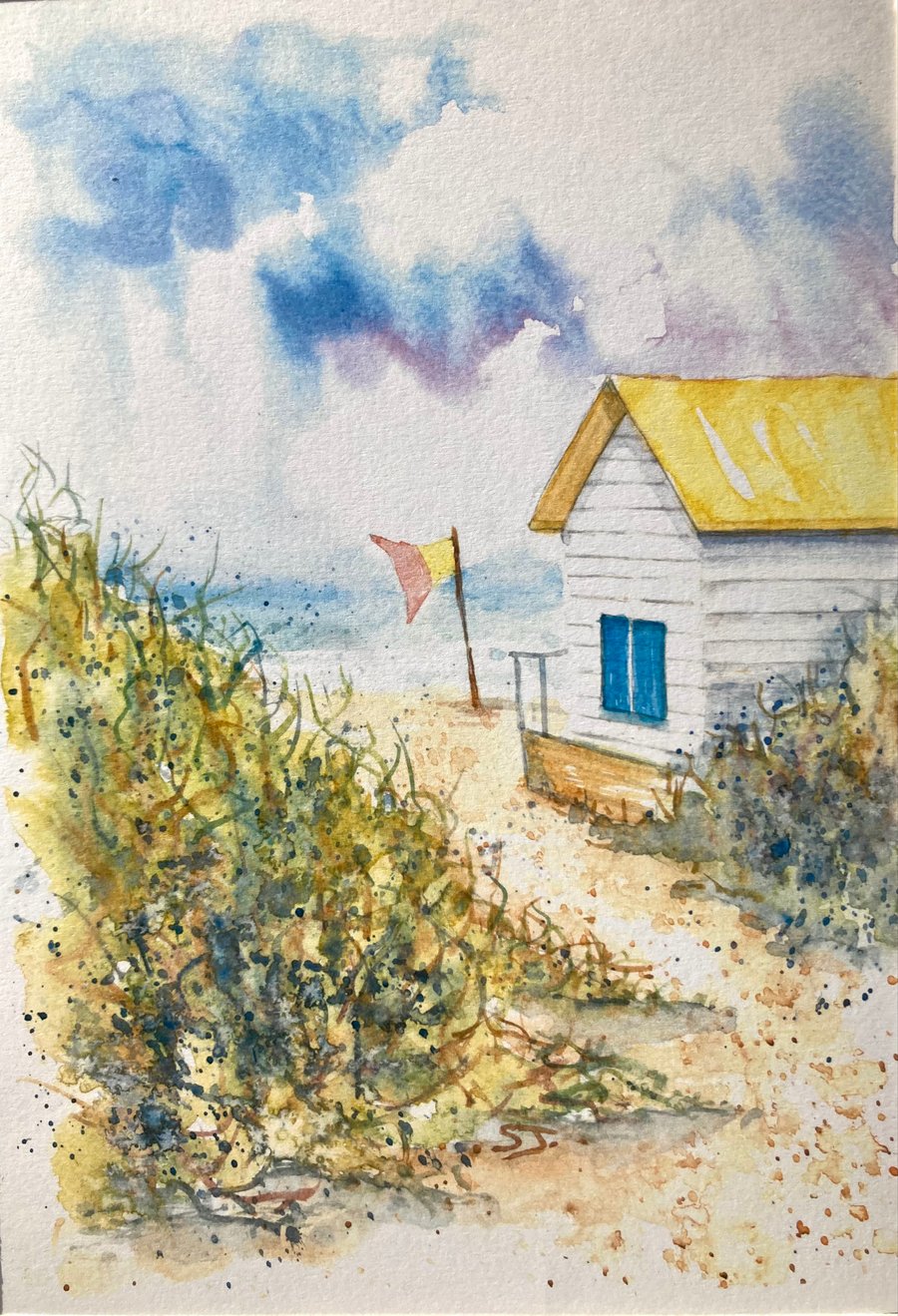 Original watercolour print of English seascape coastal beach hut