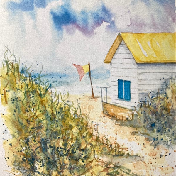 Original watercolour print of English seascape coastal beach hut