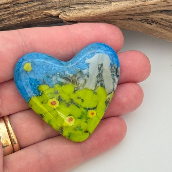 Standing Stones and Daffodil Flowers Fused Glass Heart