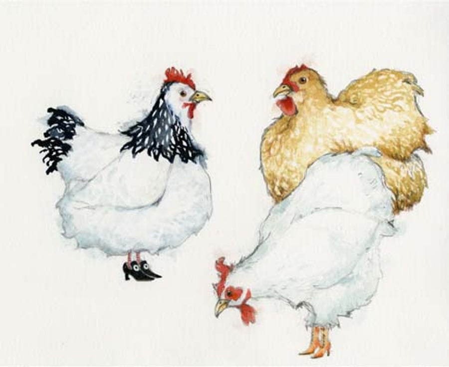 Hen Print Hens in Shoes A4 giclee print