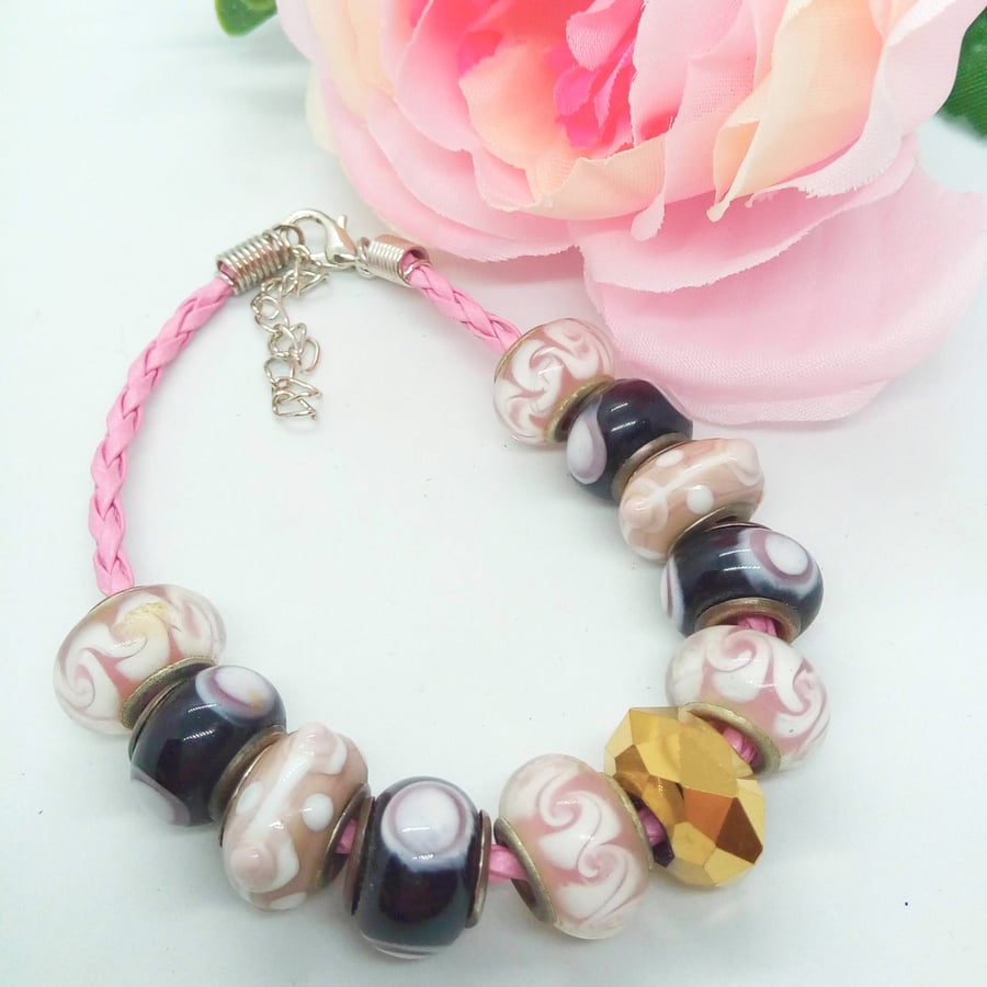 Pink Plaited Leather Bracelet with Pink Black and Gold European Lampwork Beads