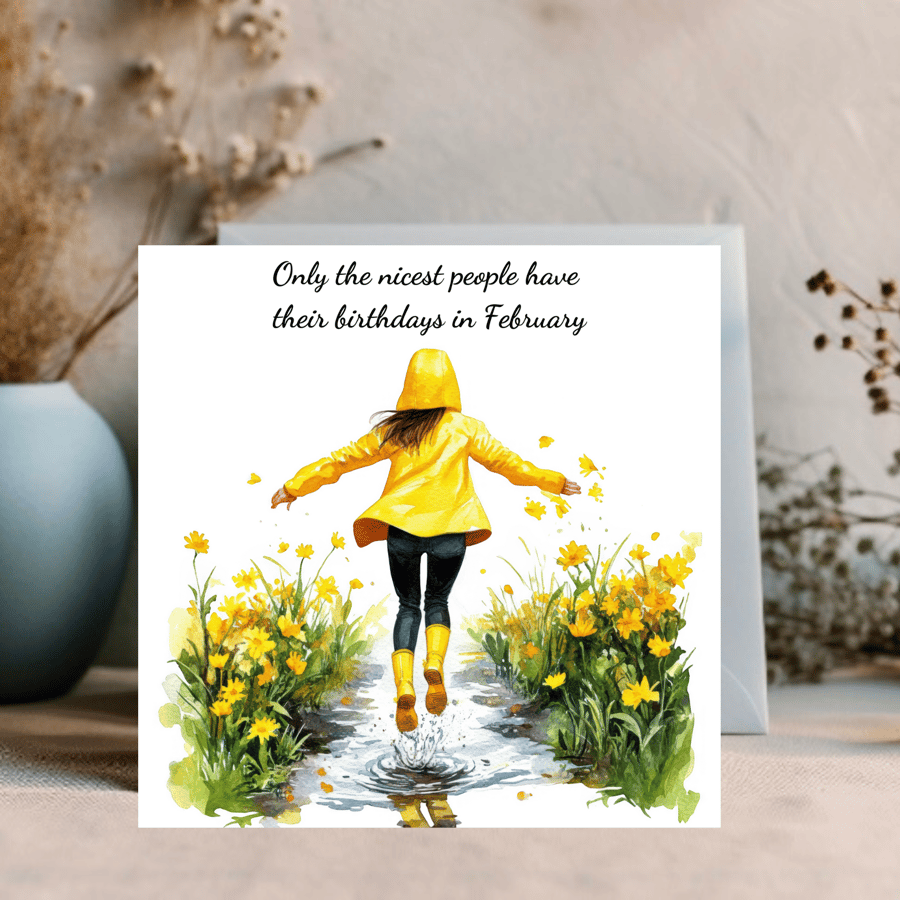 February Watercolour print greetings card for an February Birthday