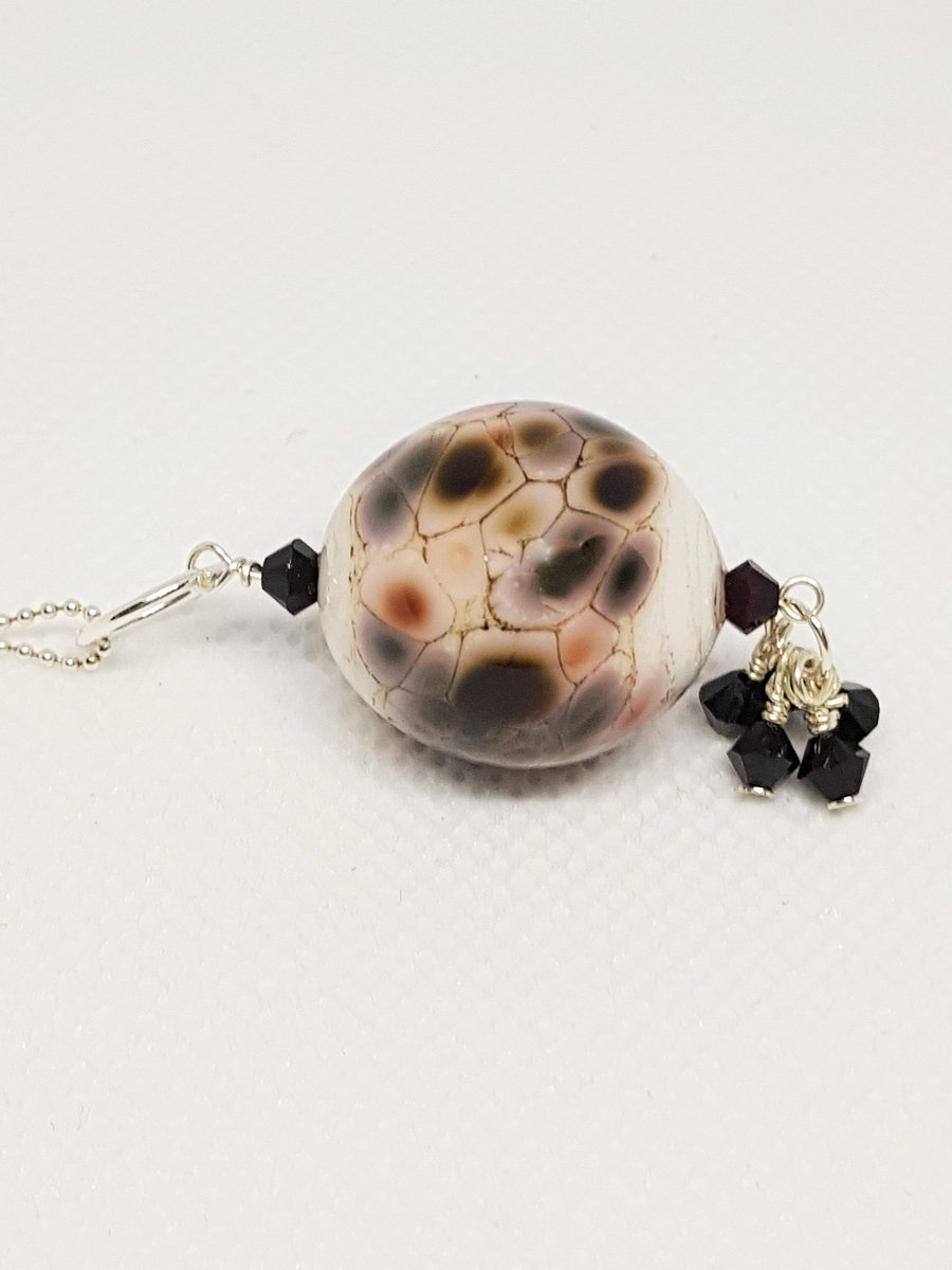 Mottled Grey Lampwork Glass Focal Bead Necklace on sterling silver chain