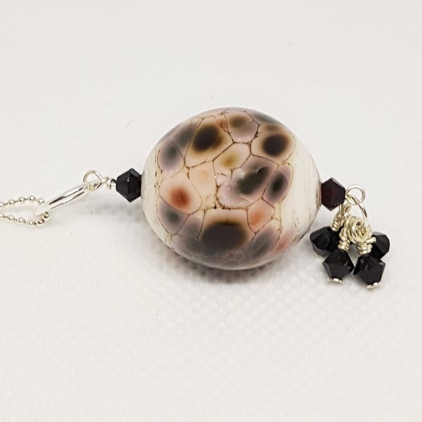 Mottled Grey Lampwork Glass Focal Bead Necklace on sterling silver chain