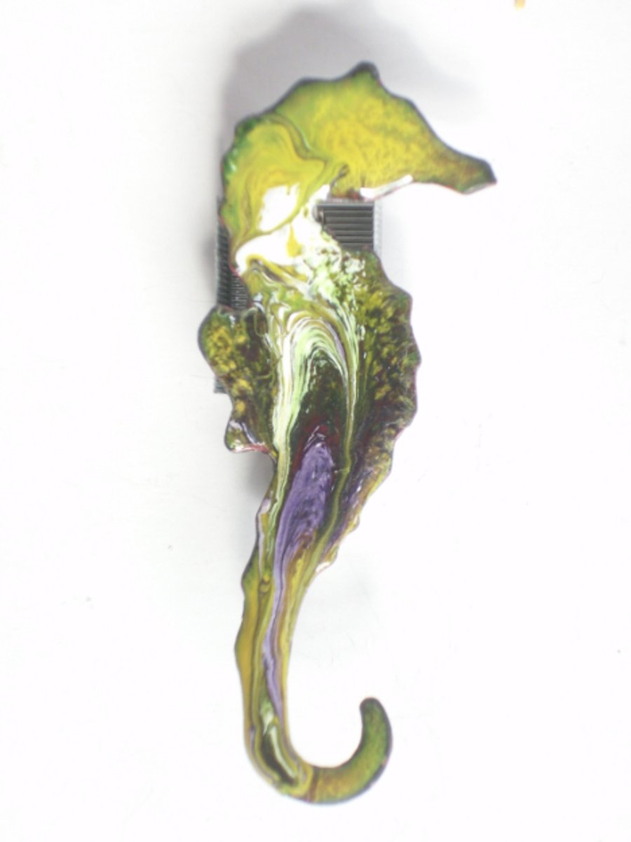   seahorse brooch - scrolled purple and white over yellow on clear enamel