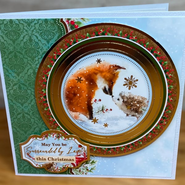 Christmas Card. Luxury Christmas Card with a Fox and Hedgehog. Festive Forest 