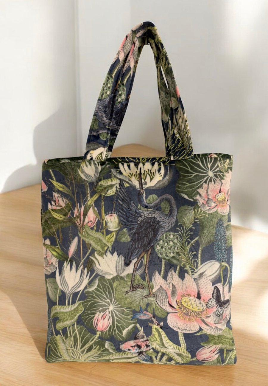 Soft valure velvet inspired fabric with a Japanese scene of a stroke and koi 