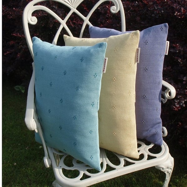 Cluster beaded knitted cushion  Lagoon blue