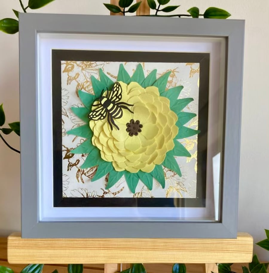 Paper cut Art. Bee and sunflower original paper cut art.
