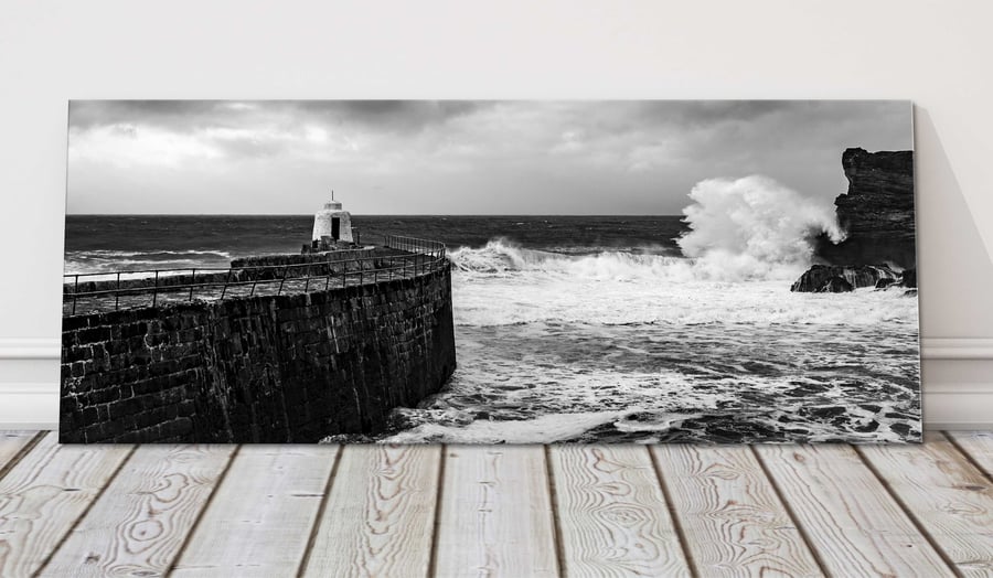 Portreath harbour, Cornwall. Panoramic canvas picture print. 24"x8" (18mm depth)