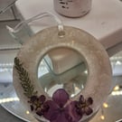 Handmade tree decoration, Dried flower hanging ornament, White & Purple round 