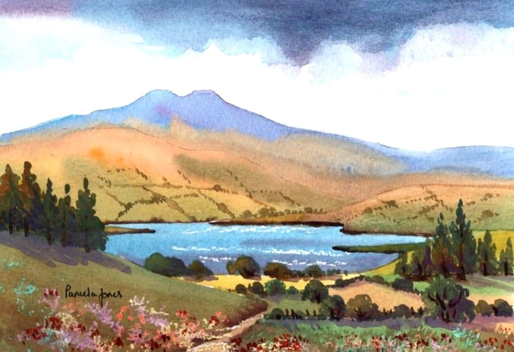 Llangorse Lake, Brecon Beacons, Watercolour Print in 14 x 11 '' Mount