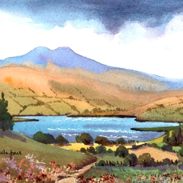 Llangorse Lake, Brecon Beacons, Watercolour Print in 14 x 11 '' Mount