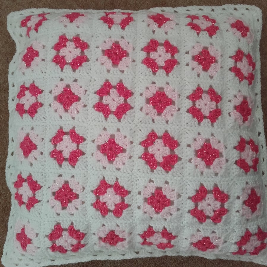 Pink and white crocheted cushion cover, white and Sparkling pink cushion