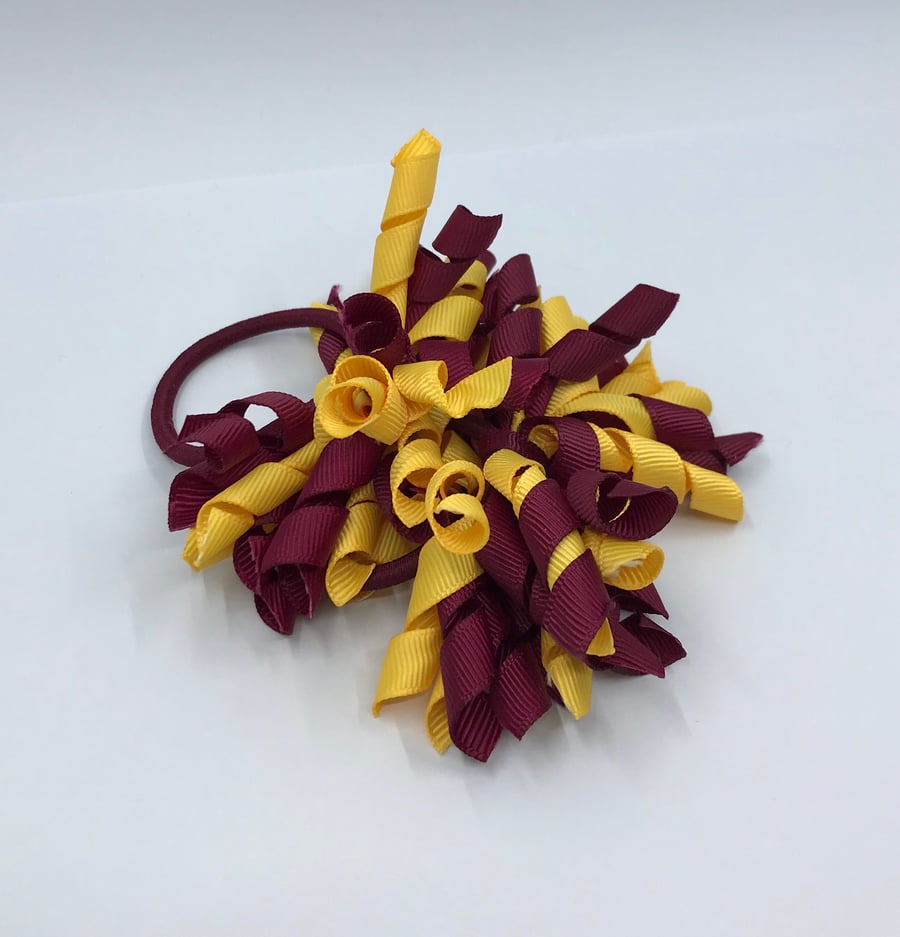 School 3 inch Wine and Yellow Gold Curly Corkers on Elastics (pair)