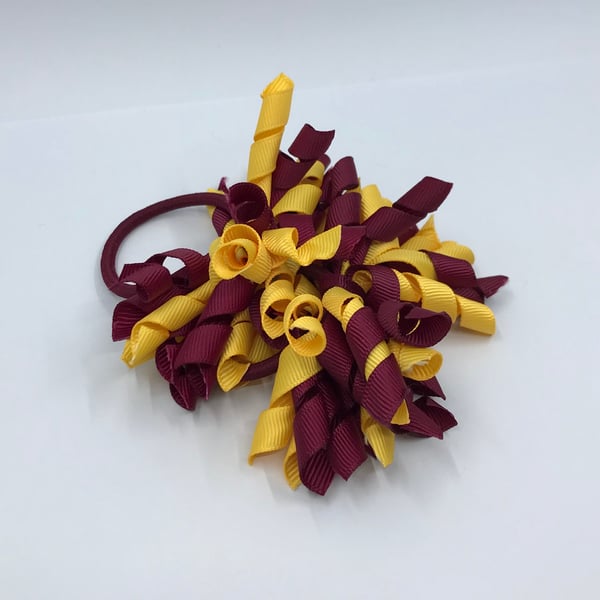 School 3 inch Wine and Yellow Gold Curly Corkers on Elastics (pair)