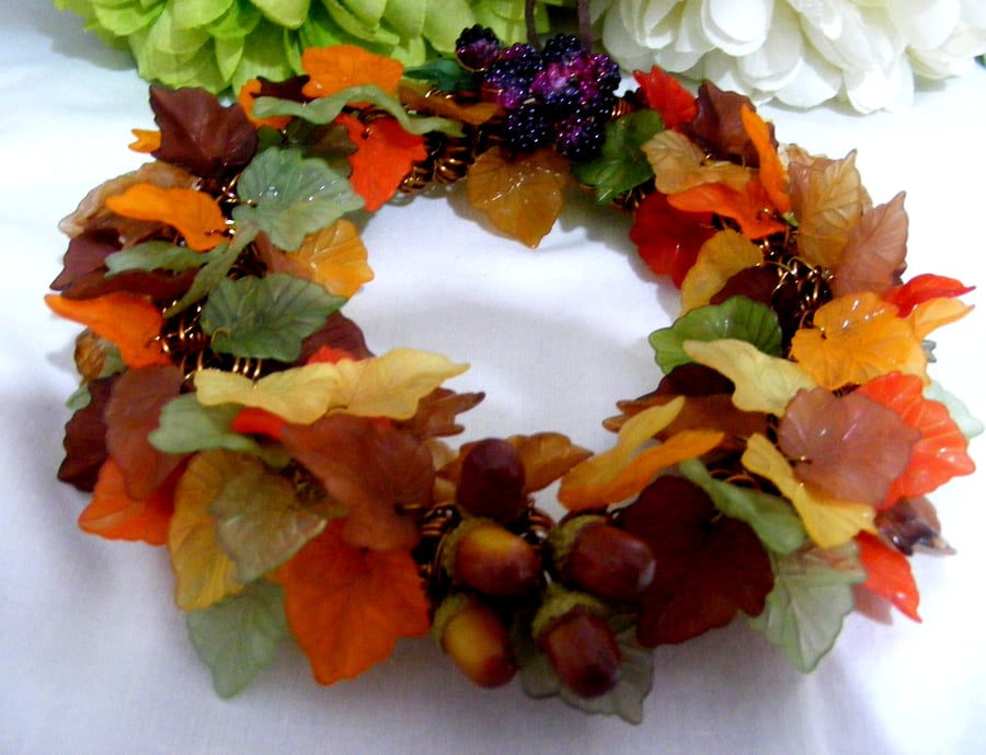 Autumn Leaves Berries and Acorn Wreath