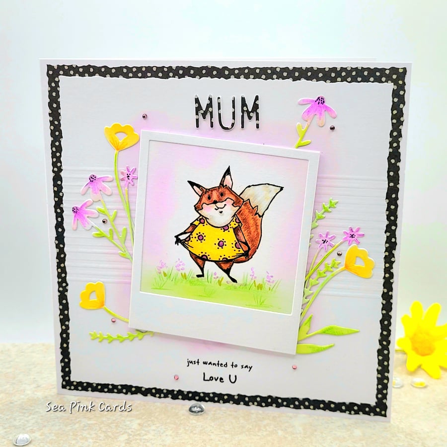 Mum birthday card, handmade cards, fox, flowers, cartoon style 