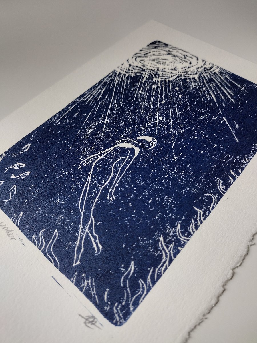 'Deep down under' linocut art print in blue - Folksy