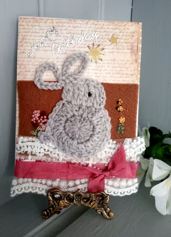 Pretty Cosy Crochet Rabbit Card - Embroidery Rabbit Card - Birthday Card