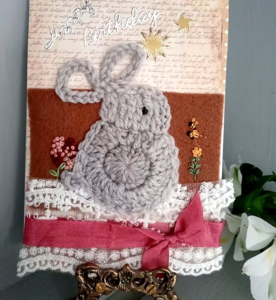Pretty Cosy Crochet Rabbit Card - Embroidery Rabbit Card - Birthday Card