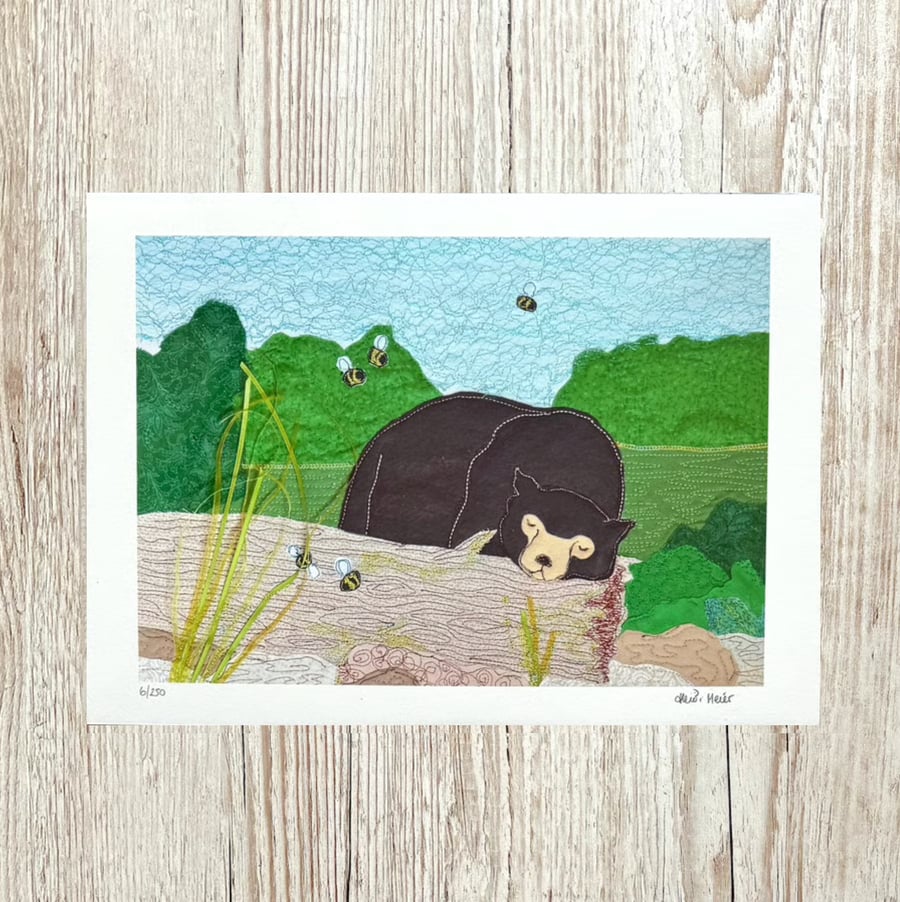 Sleepy sun bear giclee print - brown bear and bumblebee