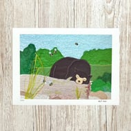 Sleepy sun bear giclee print - brown bear and bumblebee