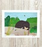 Sleepy sun bear giclee print - brown bear and bumblebee - Image 1