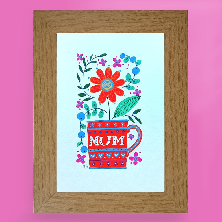 Mum mug folk art original painting with flowers, framed A5 gift mothers day 