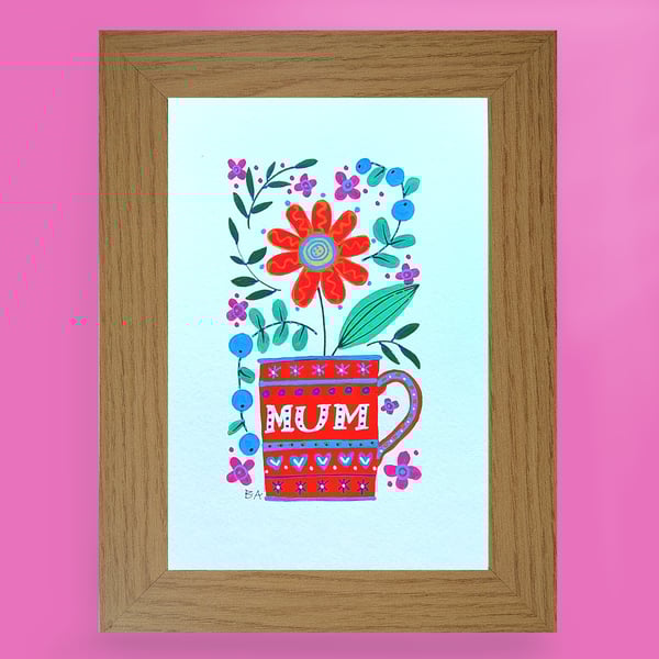 Mum mug folk art original painting with flowers, framed A5 gift mothers day 
