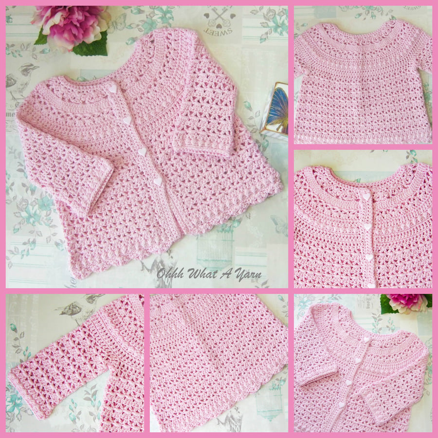 Long sleeve pink crochet baby cardigan. Cotton baby cardigan. Age 1-2 years.