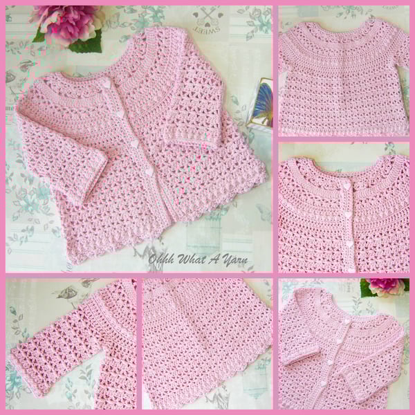 Long sleeve pink crochet baby cardigan. Cotton baby cardigan. Age 1-2 years.