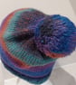 Handknit Bobble Hat 100% wool Blue Green Rust MED - Image 3