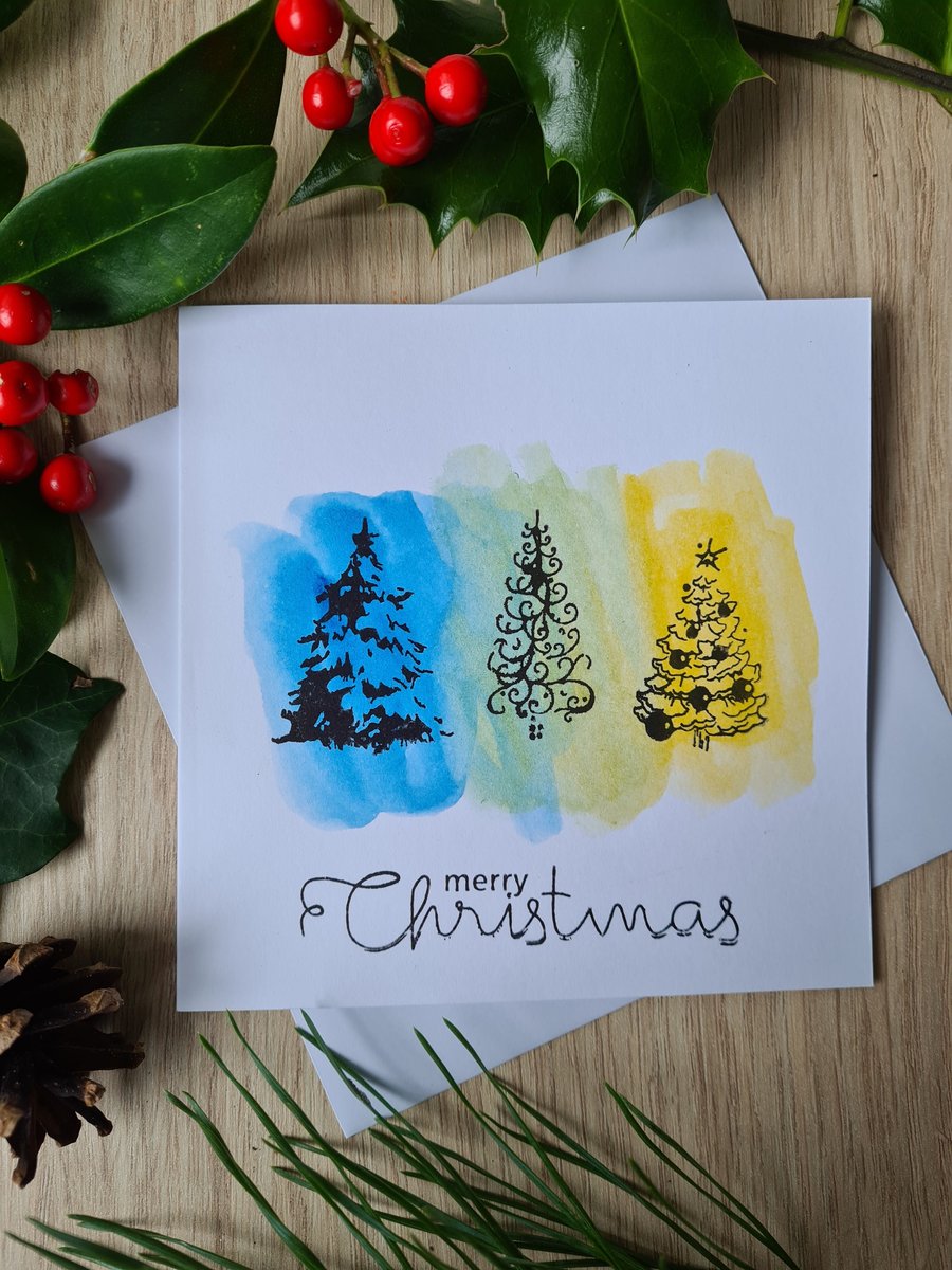 Christmas tree blue green and yellow handpainted watercolour card