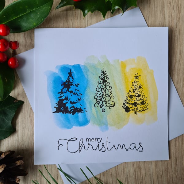 Christmas tree blue green and yellow handpainted watercolour card