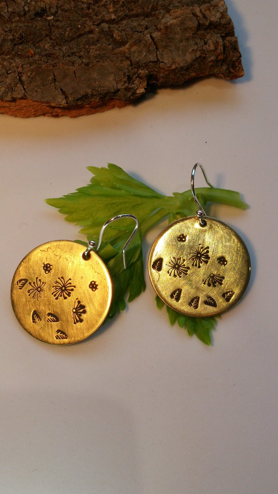 Impressed  and oxidised brass round drop earrings