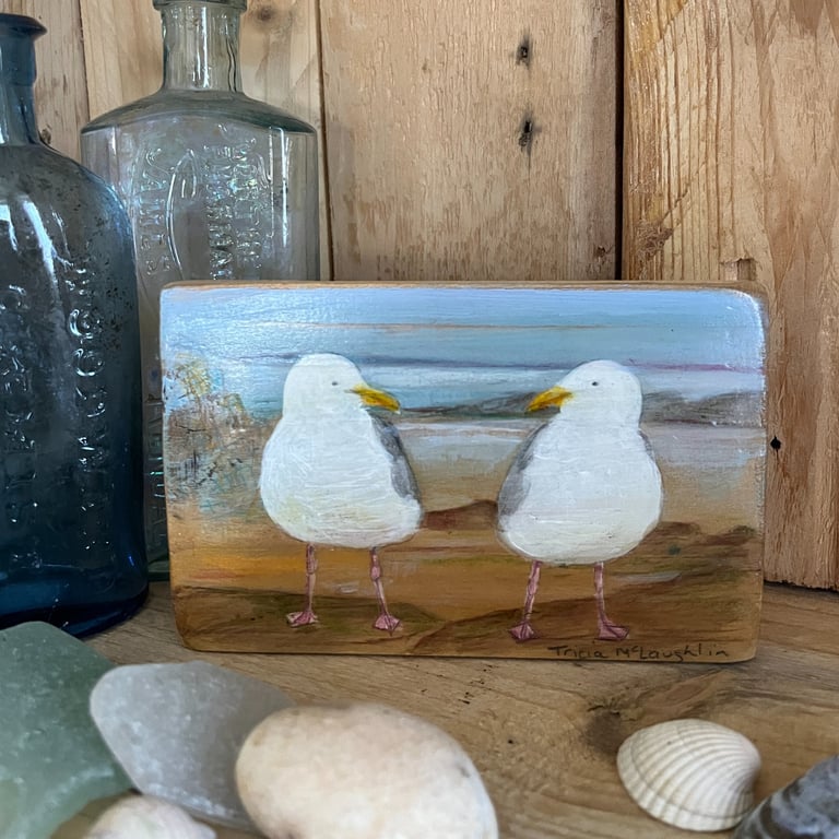 Original acrylic painting of segulls on reclaimed timber