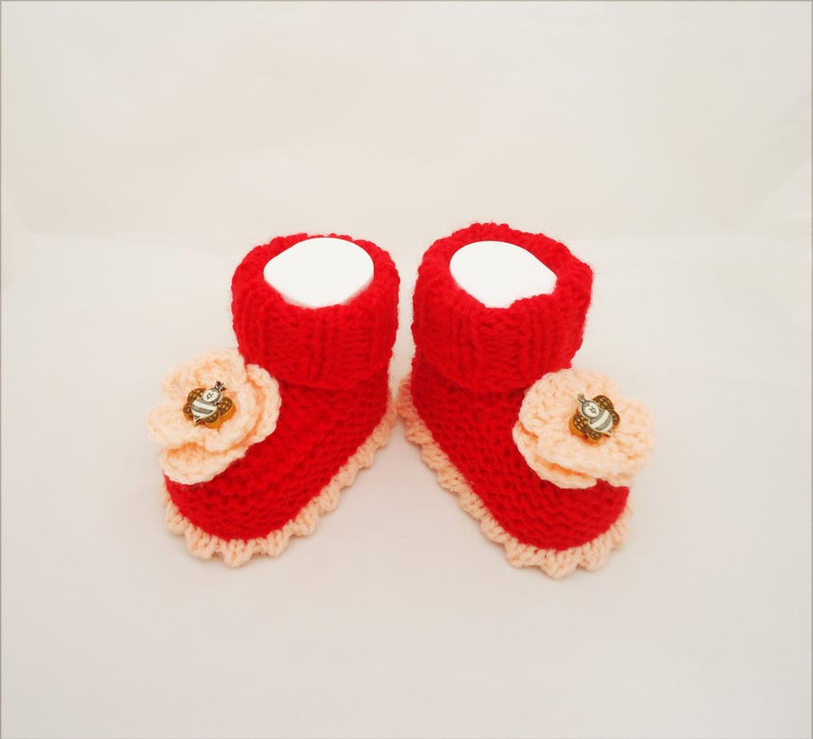 Baby Booties, Cute Baby Booties in Red, Red Baby Booties with Flowers