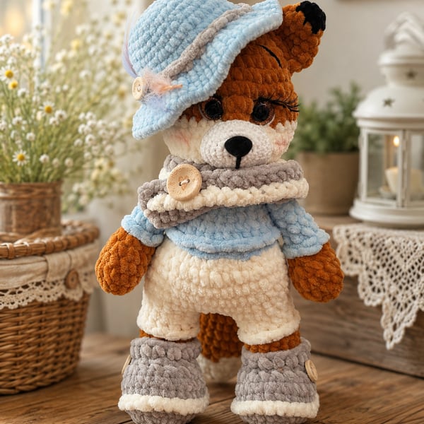 Handmade Crochet Fox – Winter Outfit – Collectible Display Toy