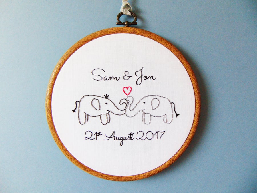 Elephant Anniversary Gift - Personalised Hand Embroidered Hoop